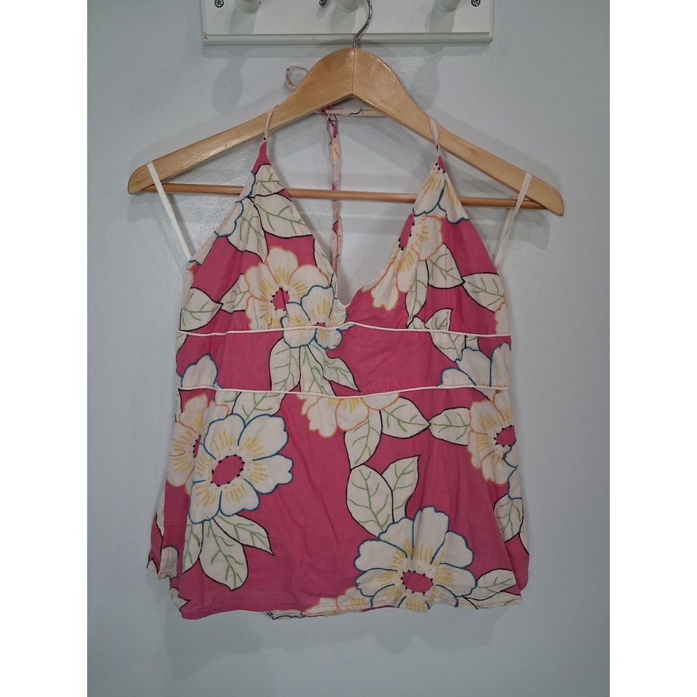 American Eagle Pink Floral Embroidered Halter Top Y2K Cotton Size 14 NWT